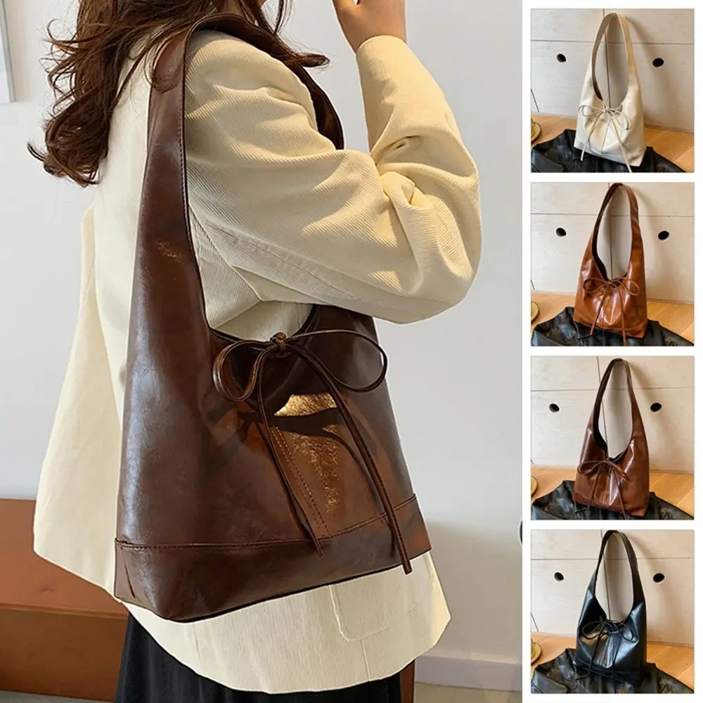 

Vintage New Deisgn Bow Underarm Bags Korean Style Solid Color Y2k Shoulder Bag Large Capacity Sweet Leather Tote Bag Ladies