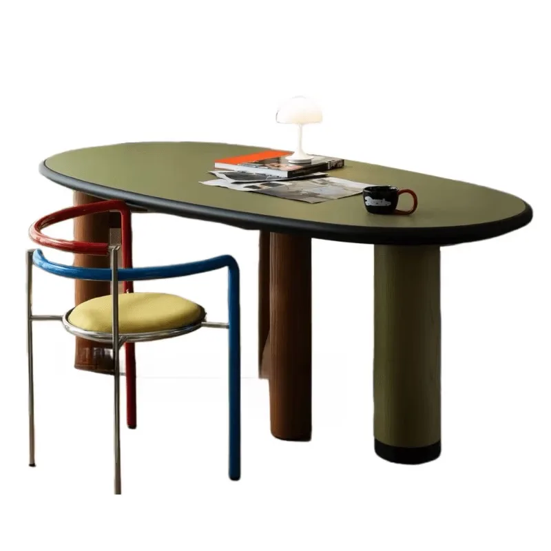 Living room oval solid wood design round table for home use, fruit green + wood grain color