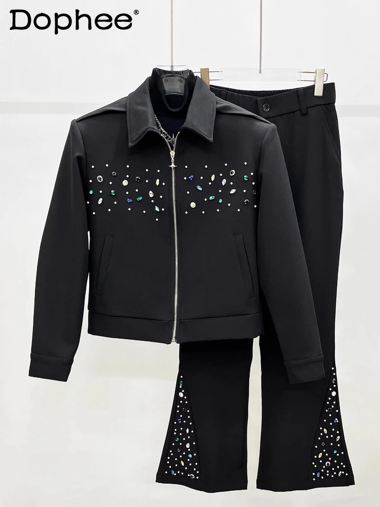 

Осень 2023, новый индивидуальный дизайн со стразами, комплект с подкладкой на плечо, мужские свободные удобные прямые брюки, модный комплект из двух предметов