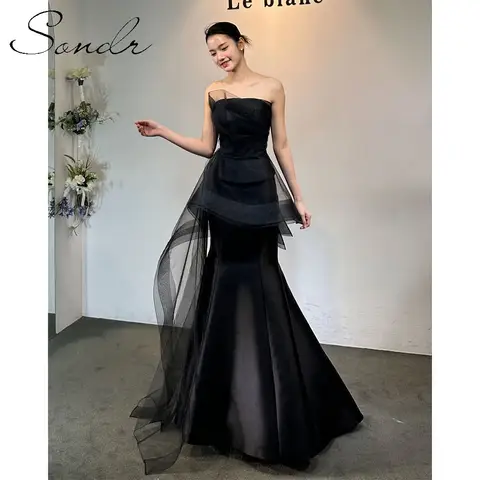 Sondr 블랙 인어 웨딩 드레스 맞춤형 한국어 웨딩 스냅 드레스 Strapless 바닥 길이 우아한 저녁 파티 드레스
