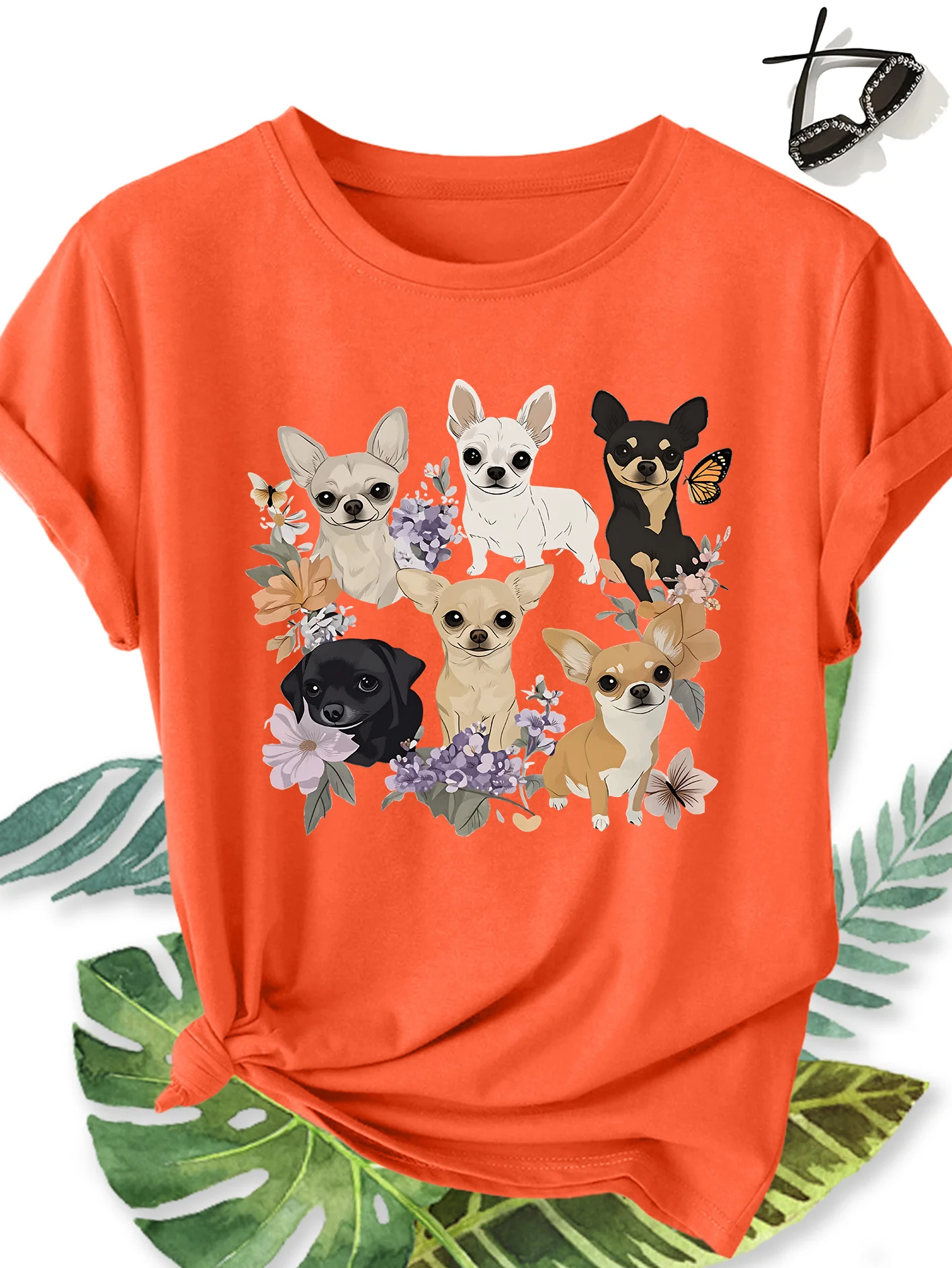 Camiseta informal con cuello redondo y estampado floral de perro chihuahua para mujer, regalo para el verano, moda, viajes, vacaciones, uso diario, estilo retro