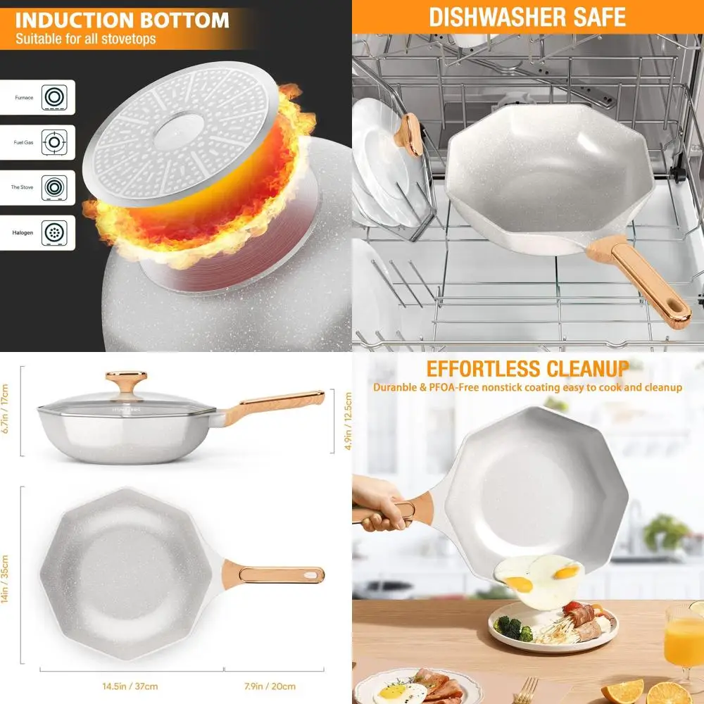 

12.5 Octagonal Nonstick Die-cast Induction Wok with Glass Lid, Cream White