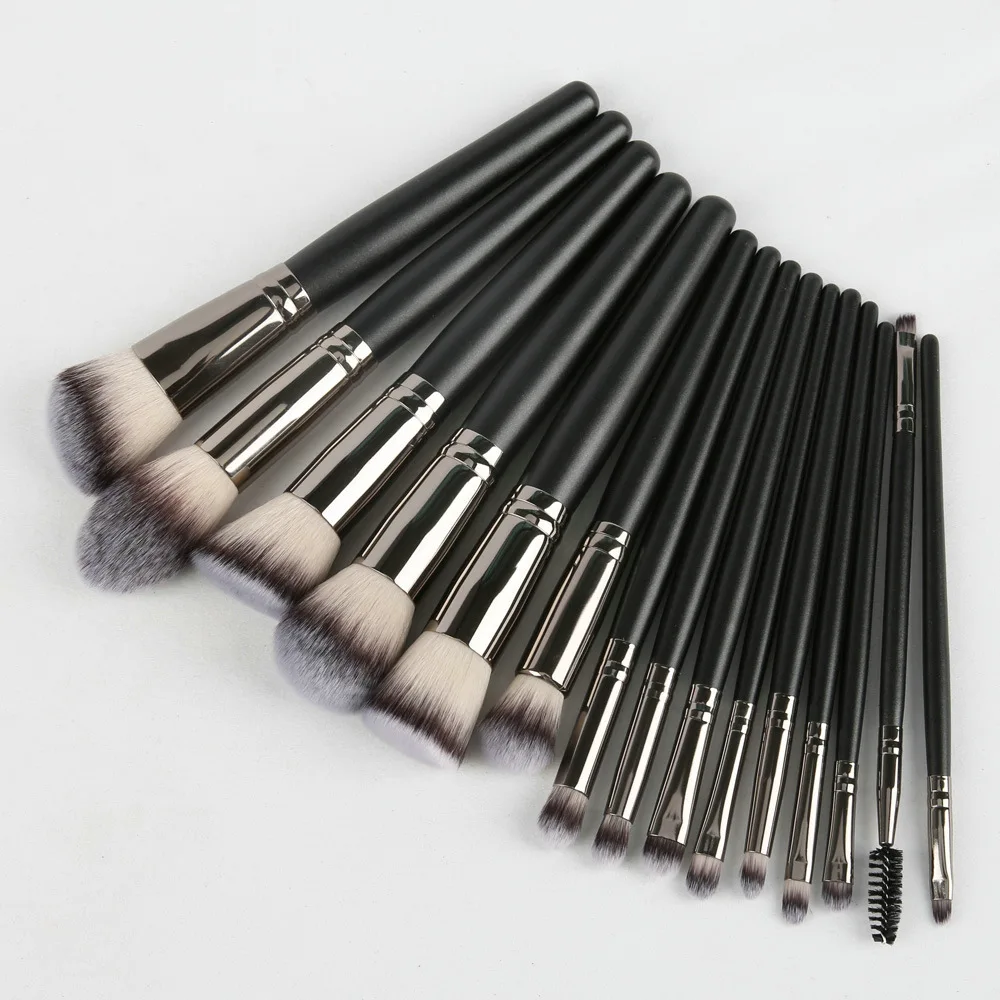 Custom Logo Black Makeup Brush Set 15pcs Private Label Vegan Professional Cosmetic Blush Eyeshadow Liner Powder Blending Brush