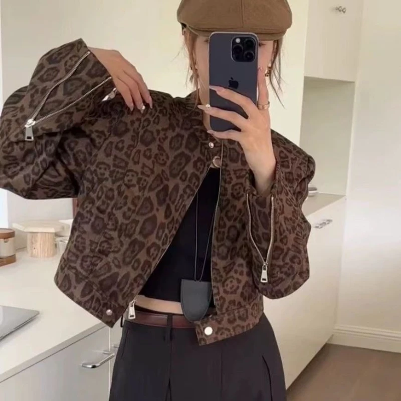 

Женская короткая куртка из искусственной замши с леопардовым принтом, осень 2022, Новое поступление, Harajuku, корейский стиль, модная верхняя одежда с воротником-стойкой