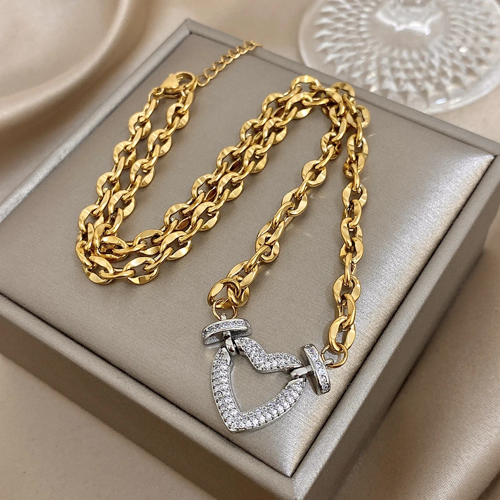 Volle Zirkon Schloss & Herz Edelstahl Charms Anhänger Halskette für Frauen Männer Chunky Punk Vergoldet Link Kette Halsketten – Detail 1
