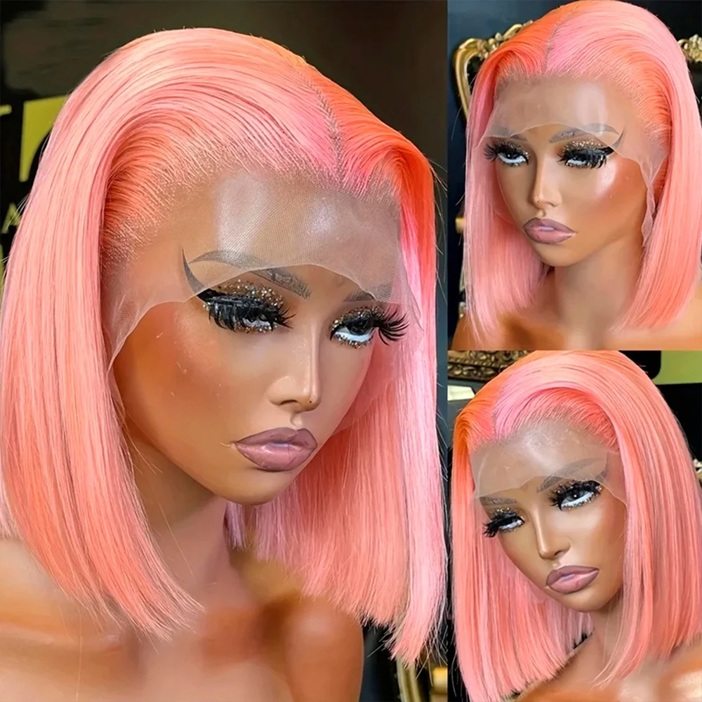 

Розовые парики боб из натуральных волос, прямые, HD, прозрачные, с розовым кружевным фронтом, предварительно прорезанные, с натуральными короткими прядями