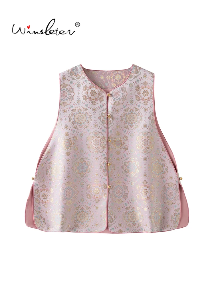Winsleter-100%Real Silk Song Brocade Elegant Vest Coat, O Neck Floral, Women Versatile A-line Waistcoat, 2026 Autumn C68962CC