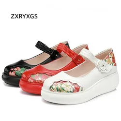 ZXRYXGS Soft Cowhide Printing Flowhide Women Fashionable Shoes Wedges High Heels 2025 Spring Dance Banquet Wedding Shoes Tide