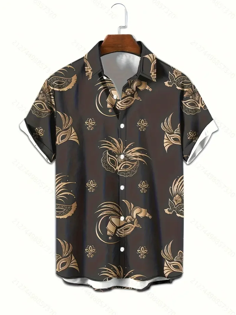 Summer Vintage Men's Shirt Mayan Mask Print Shirt Casual Short Sleeve Street Fashion Oversized Clothing Cardigan Hawaii Shirt