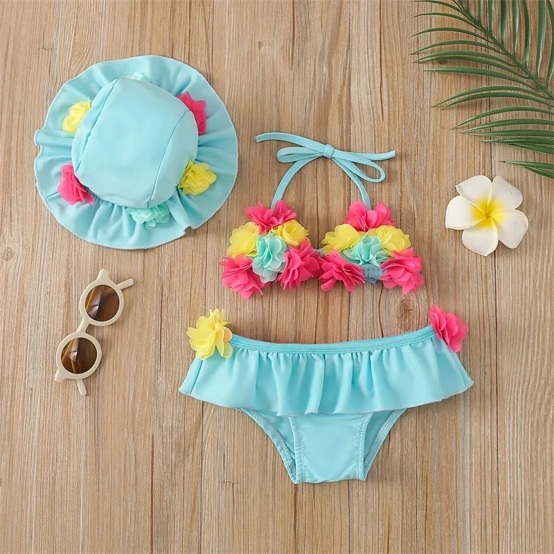 Infant Girls Swimwear Three-piece Bikini Set Flower Halter Neck Swimming Tops Bottoms and Sun Protection Cap Bathing Suit