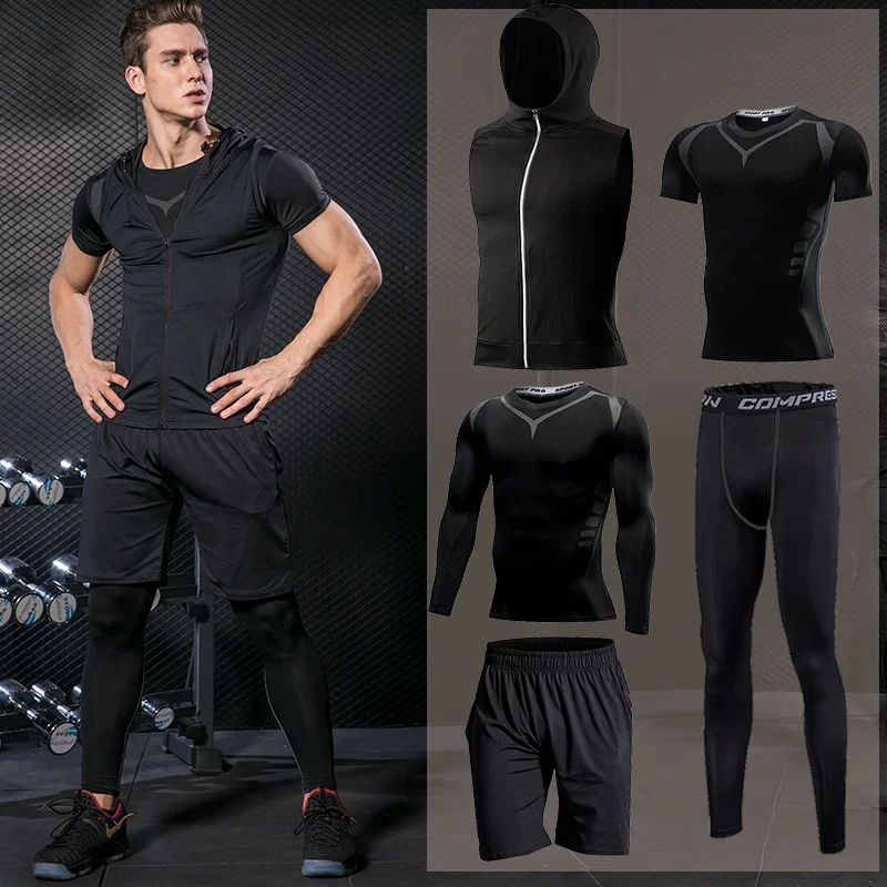 Men\'s Tight Sports Suit Gym Fitness Compression Tracksuit Running Sport Set Jogging Sportwear Workout Sports Clothing Rash Guard