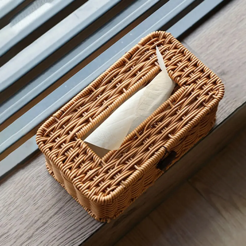 

Durable Imitation Rattan Woven Tissue Box Handmade Retro Paper Case Organizer Vintage Napkin Holder Household Storage