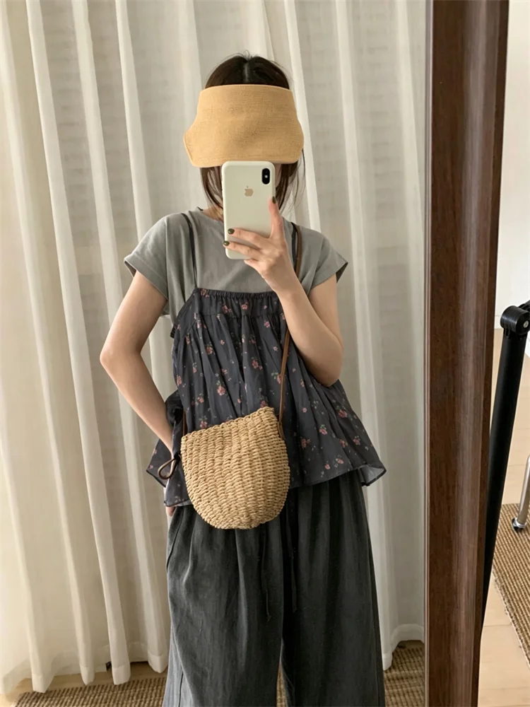 

Kumikumi Women's Summer Casual round Neck Short Sleeve T-Shirt Layering Vest Loose High Waist Long Pants Three-Piece Set