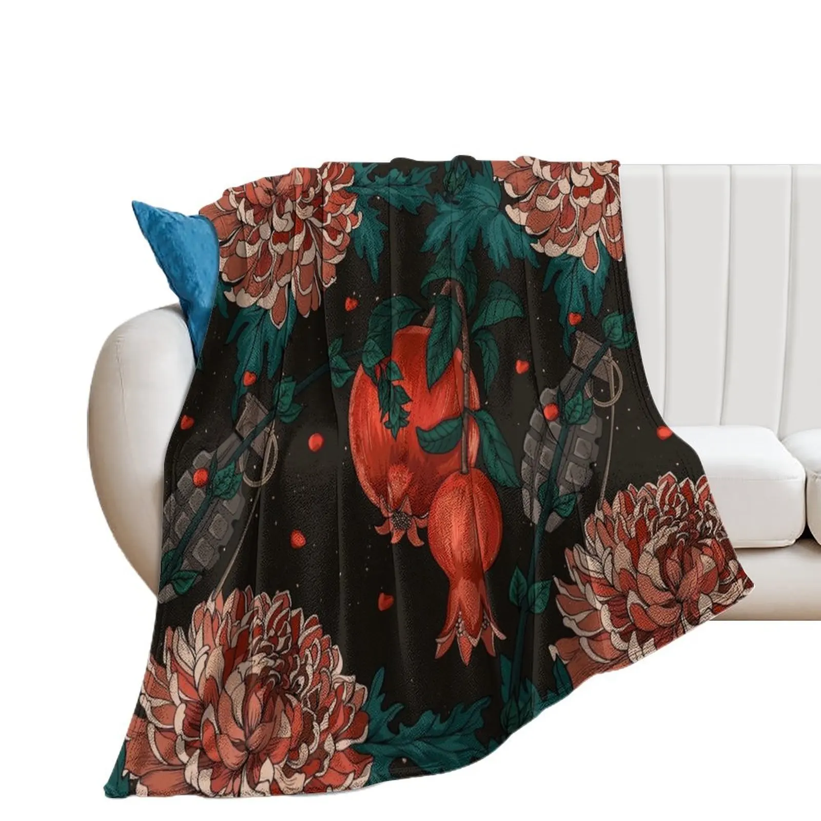 Ripe pomegranate and grenade in Chrysanthemums Throw Blanket Large Sofa Throw Soft Big Blankets