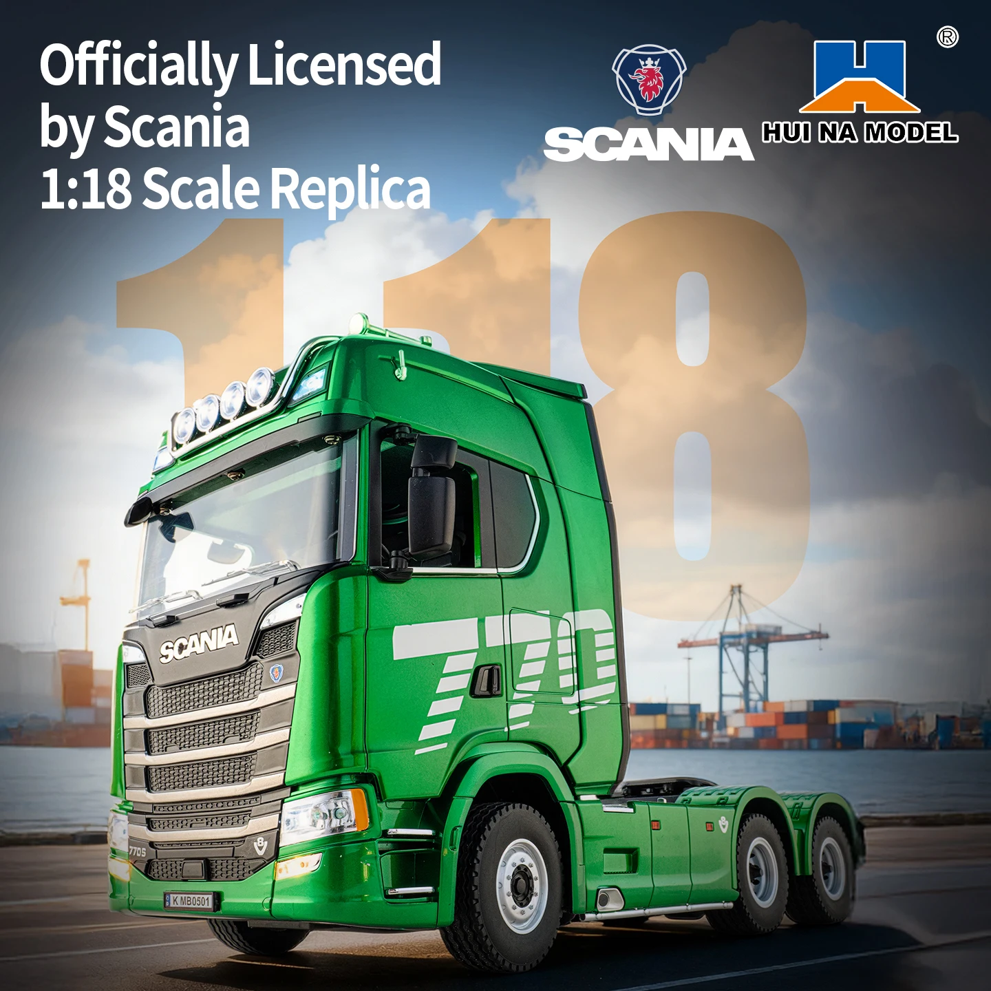 Huina 19 channel 1501pro green Scania 770s RC truck high-strength trailer model tractor toy children's and adult high-end gifts