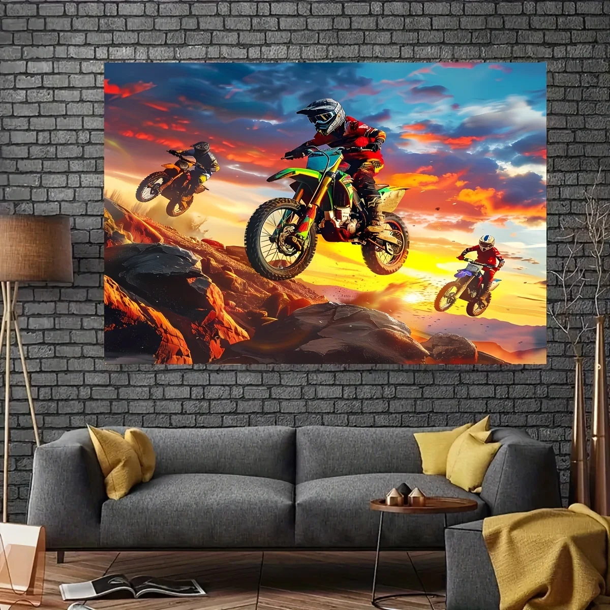 Motocross Wall Tapestry - Extreme Dirt Bike Riders at Sunset, Off-Road Racing Poster, Adventure Sports Decor, Multiple Sizes