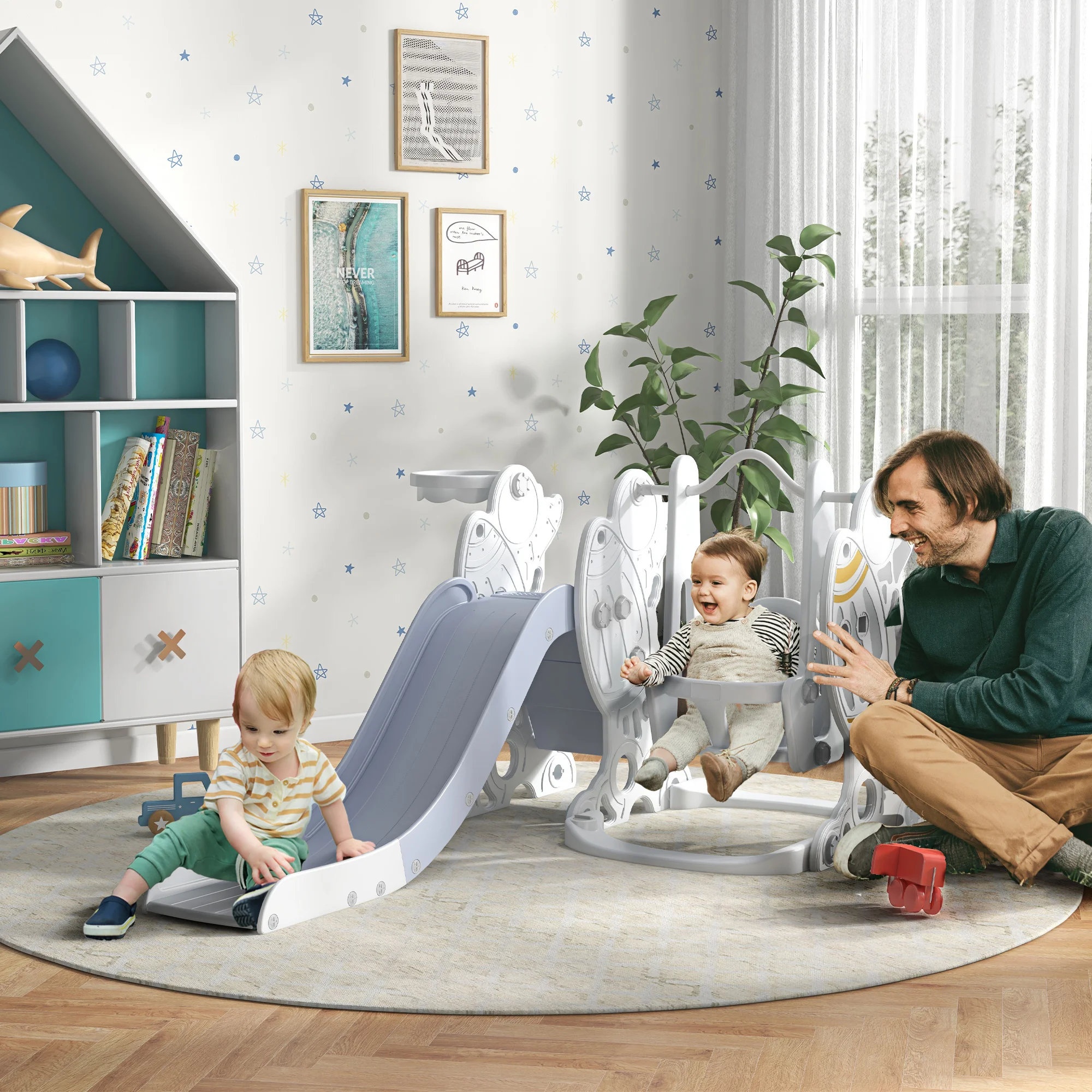 AIYAPLAY Space-Themed Slide and Swing Set for Kids, Swing Slide Basketball Hoop