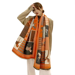 Women's Autumn Winter Horse Pattern Scarf New Luxury Cashmere Feeling Large Blanket Wrap Soft Warm Brand Shawl Retro & Classical