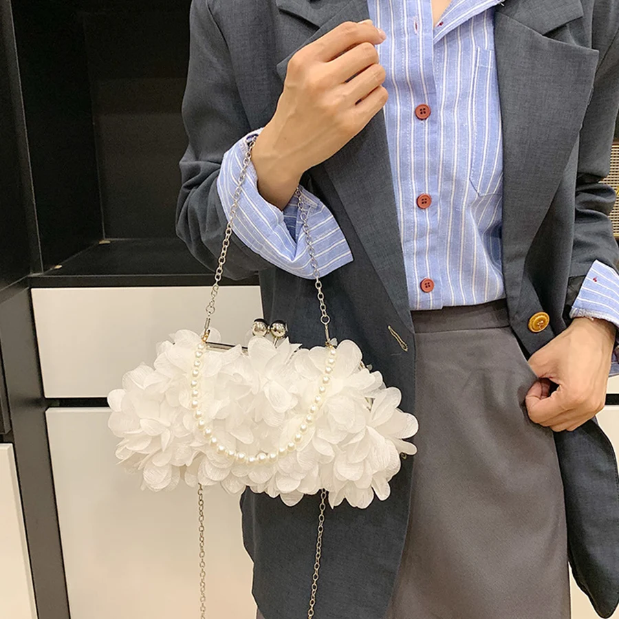 

Flower Evening Clutch Purse Sweet Style Floral Wedding Romantic Bridal Handbag Bead Handle Banquet Dinner Dress Bags with Chains