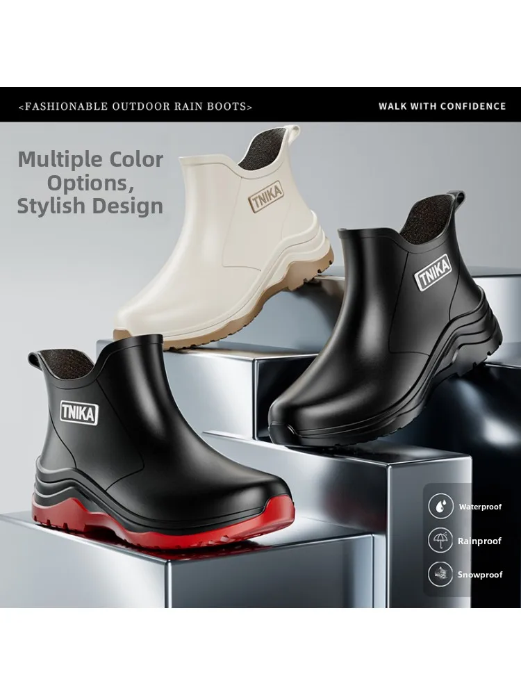 Korean Style Men's Short Rain Boots Waterproof Non-Slip Outdoor Commuting PVC Material Comfortable EVA Insole Wave Pattern