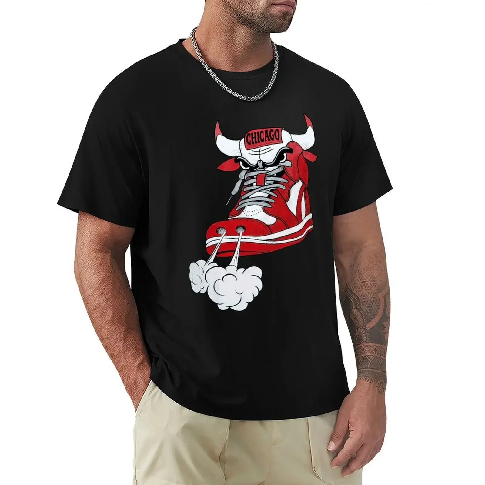 Camiseta larga de Hip Hop de Chicago Shoe Bull, camiseta de manga corta Harajuku, Tops de moda de 100% algodón con gráficos gruesos