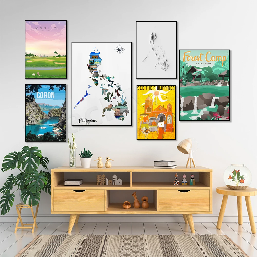 Philippines Manila Golf Philippines, Bali, Thailand, Vietnam Art, Philippines - El Nido, Palawan, Philippines Map Travel Poster