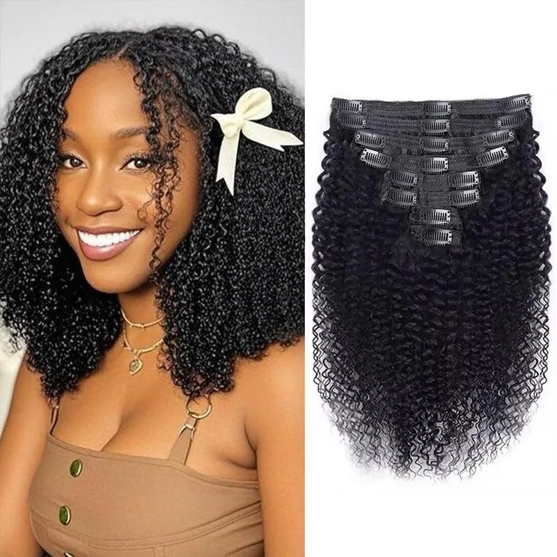 

3C 4A Kinky Curly Clip in Hair Extensions Human Hair 8 Count 18Clips Double Weft Brazilian Remy Thick to Ends Black 12 Inch