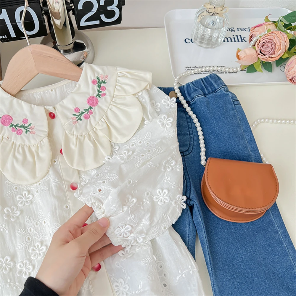 Kids Girls Blouse Spring Autumn Embroidery Floral Turn Down Collar Lace Shirts Infant Girl Long Sleeve Shirt Children Tops 1-8Y