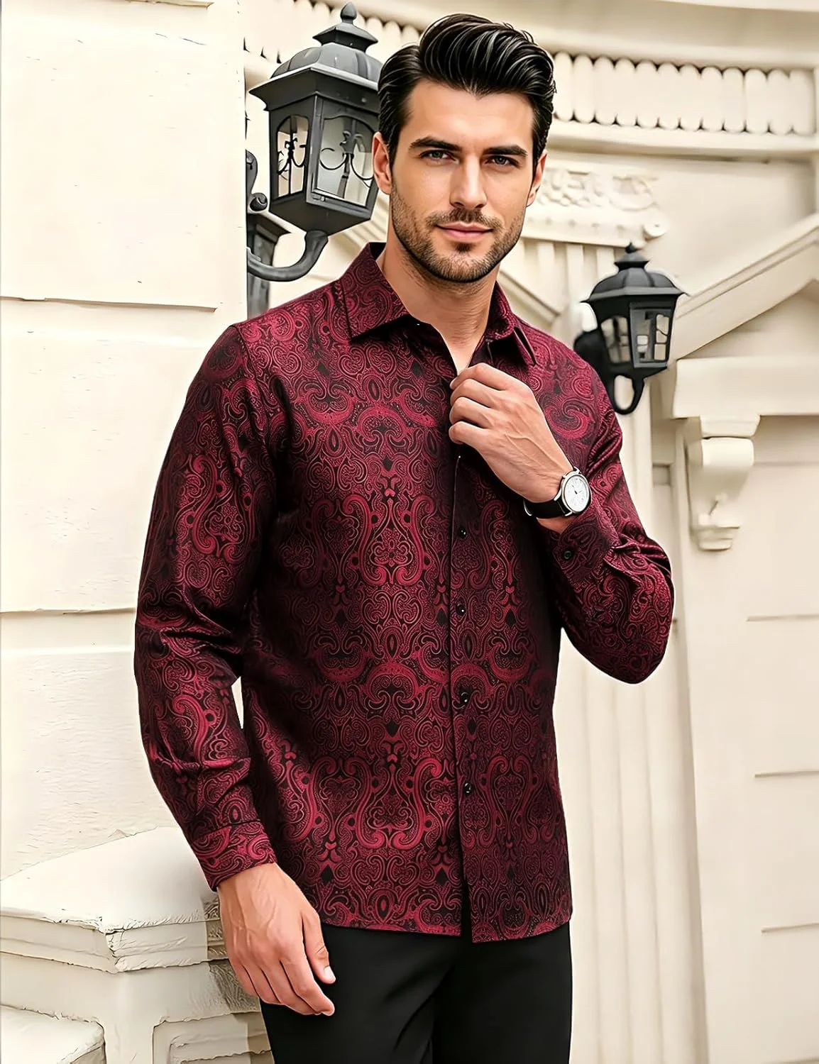 2026 Men's Light Luxury Smooth Satin Texture Polyester Fiber Long Sleeve Shirt Burgundy Printed Shirt Holiday Performance Party