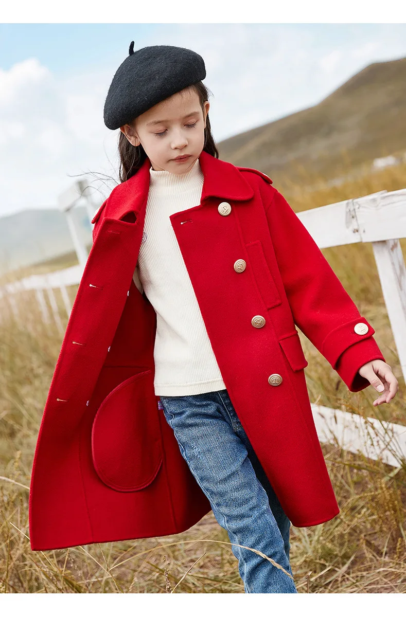 Elegant Girl Wool Long Coat Autumn Winter Kids Clothes Beige Red Black Color Retro Trench Coat 8 10 12 years