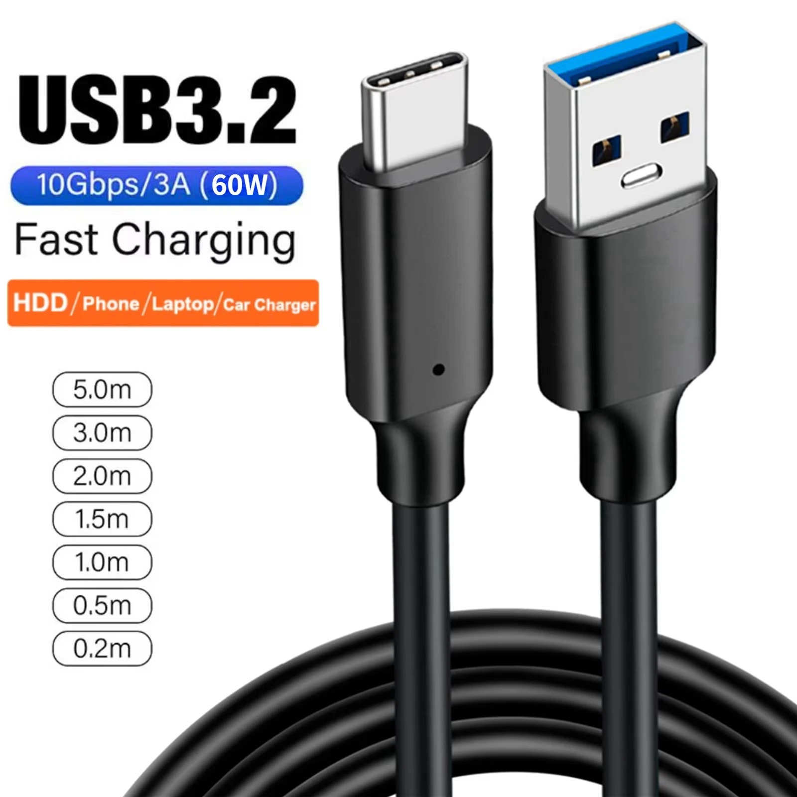 USB3.2 10Gbps Cable USB Type A to USB C 3.2 Gen2 Cable Data Transfer USB C SSD Hard Disk Cable 3A 60W QC 3.0 Fast Charging 1m 2m