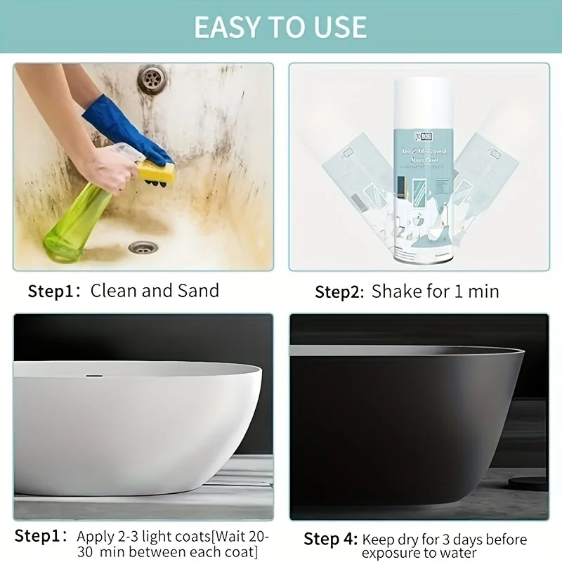 طلاء رش لإصلاح بلاط الحمام والأحواض باللون الأسود اللامع سعة 16 أونصة مقاوم للماء، طلاء ذاتي الختم للسيراميك والألياف الزجاجية والسيراميك #5