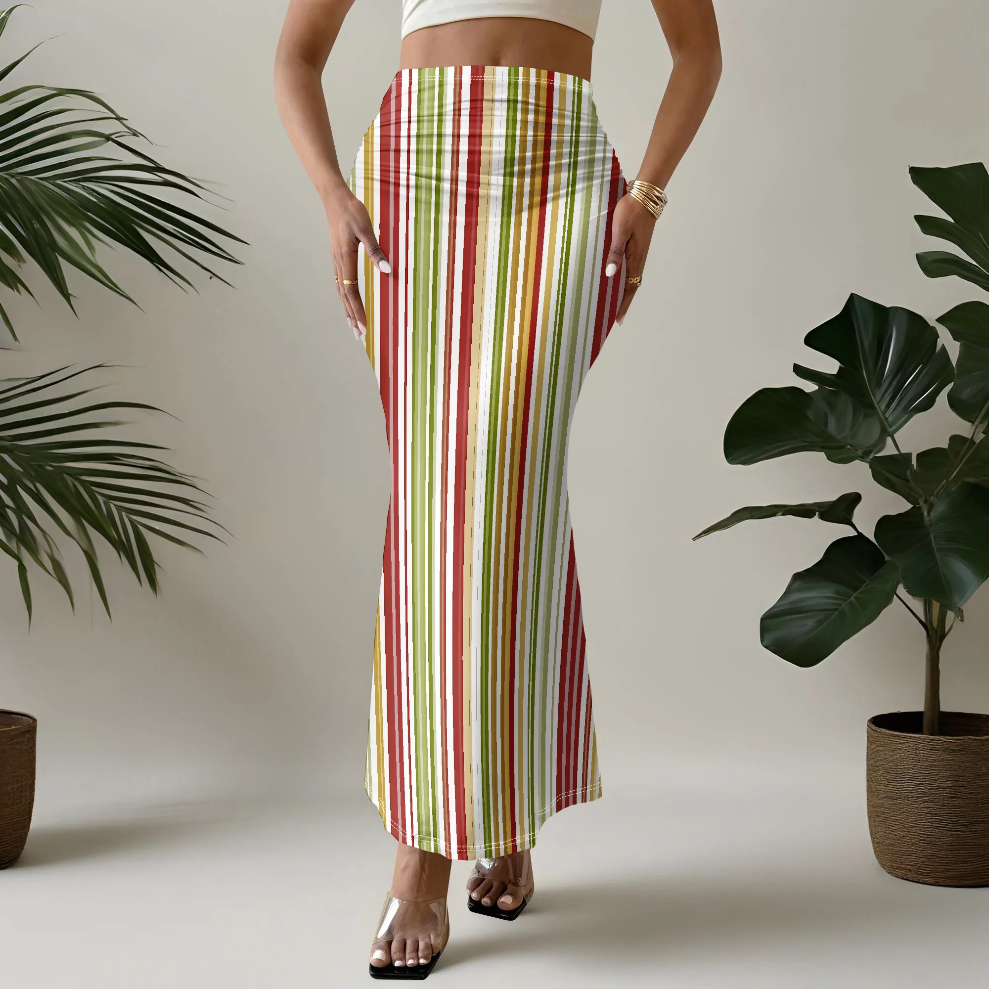 Striped Print Mermaid Skirt, High Waist Bodycon Midi, Vertical Lines A-Line, Summer Casual Beach Wear for Women, S-3XL