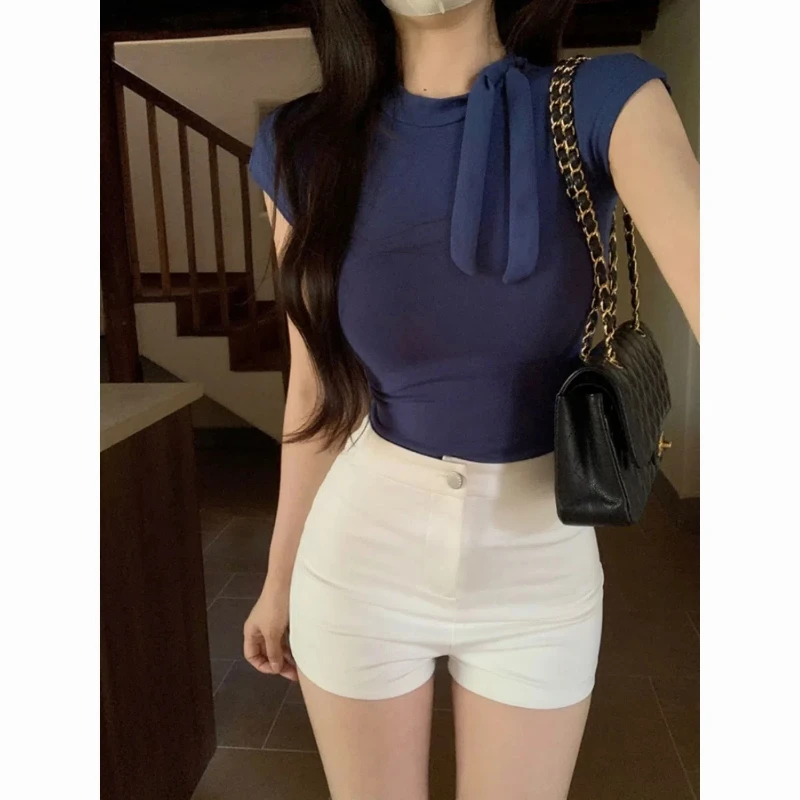 

Dark Blue Lace-up Round Neck Short-sleeved T-shirt for Women in Summer 2025 New Slim Fit and Sexy Hot Girl Chic Base Top