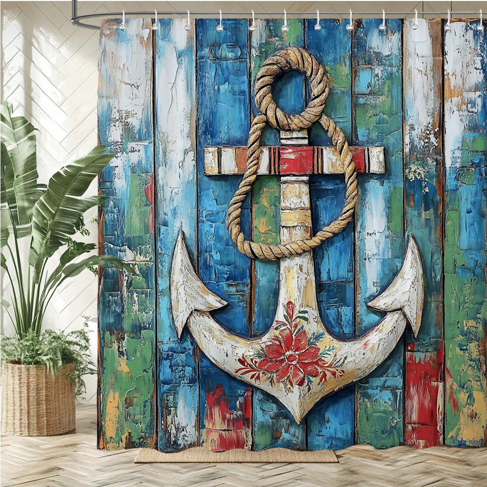 Retro Nautical anchor style printed fabric shower curtain, Ocean navigation style bathroom curtain decoration, with hooks