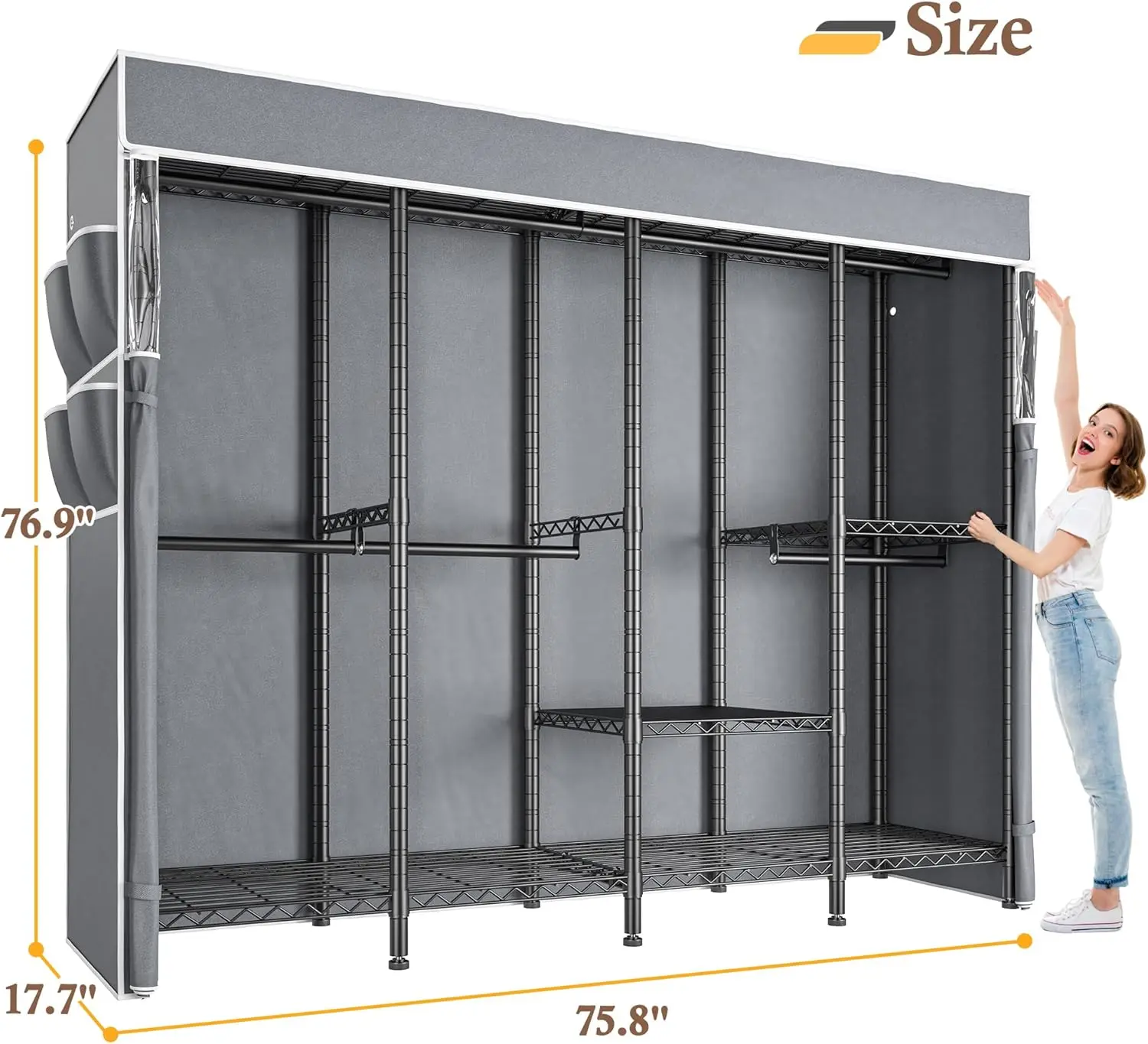 Kleiderschrank, robuster Kleiderständer mit Abdeckung, Metall-Kleiderständer zum Aufhängen von Kleidung, belastbar 1100 Pfund, Schwarz, 17,7" T x 75