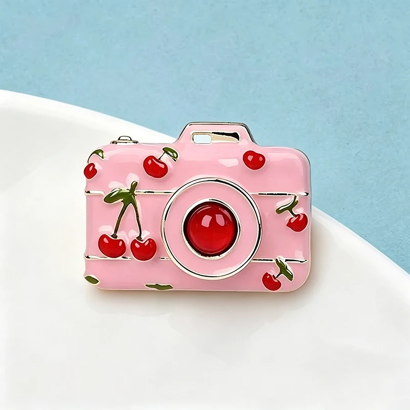 Wuli&baby Adorable Camera Brooches For Women Unisex Enamel Cherry Pattern Cam Party Casual Brooch Pins Gifts