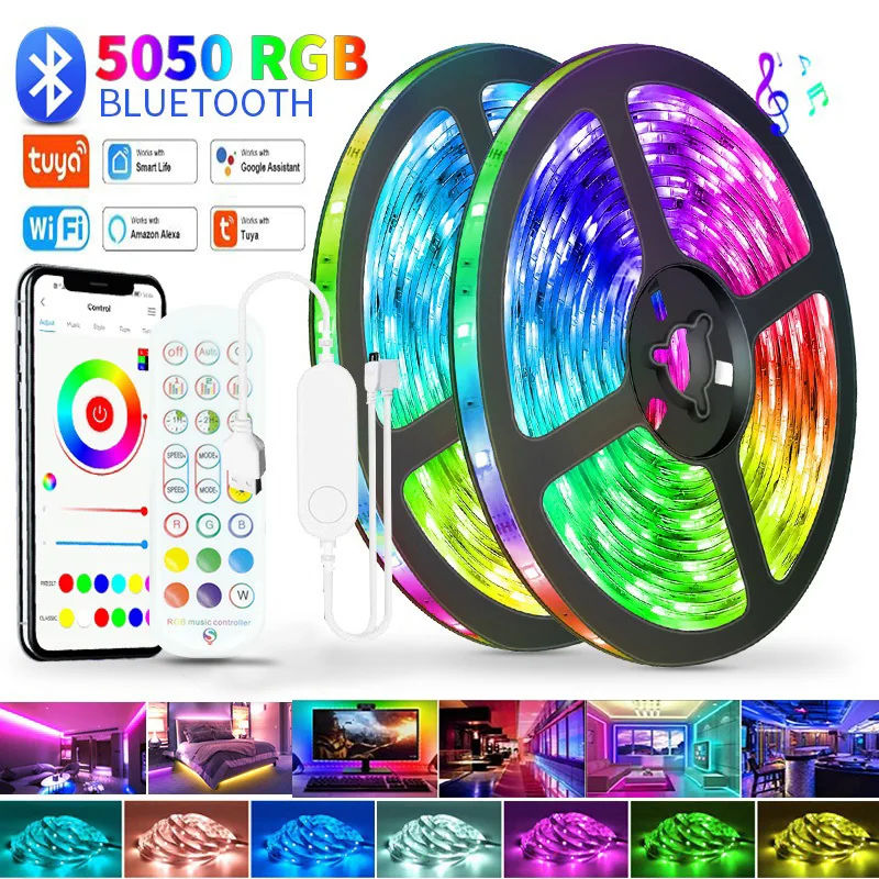 DC12V 16.4-100FT RGB LED Light Strips For Bedroom SMD5050 Music Sync Tuya WiFi App Control LED Strip Lights Color Changing Rope