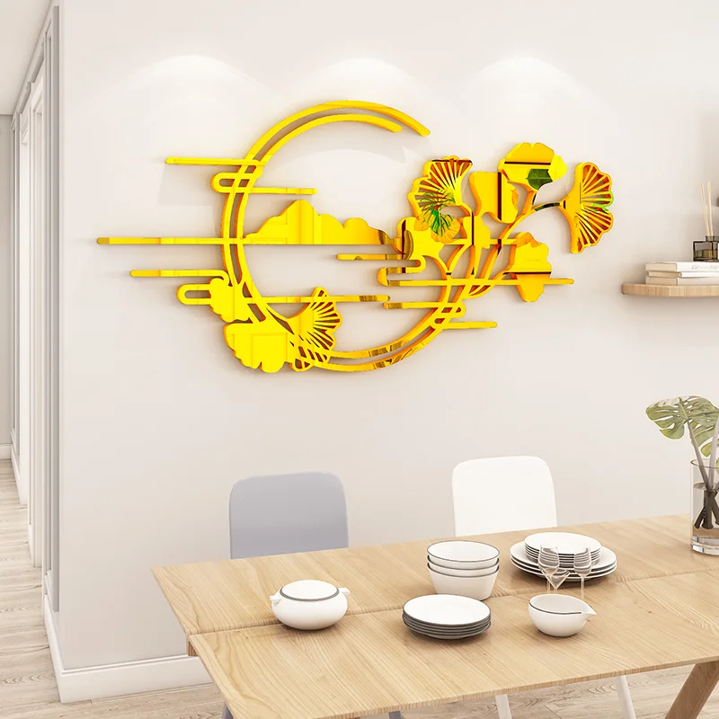 

Gold Ginkgo leaf Acrylic Wall stickers For Living room Home decor 3D Mirror Splicing sticker Flower Modern home decoration