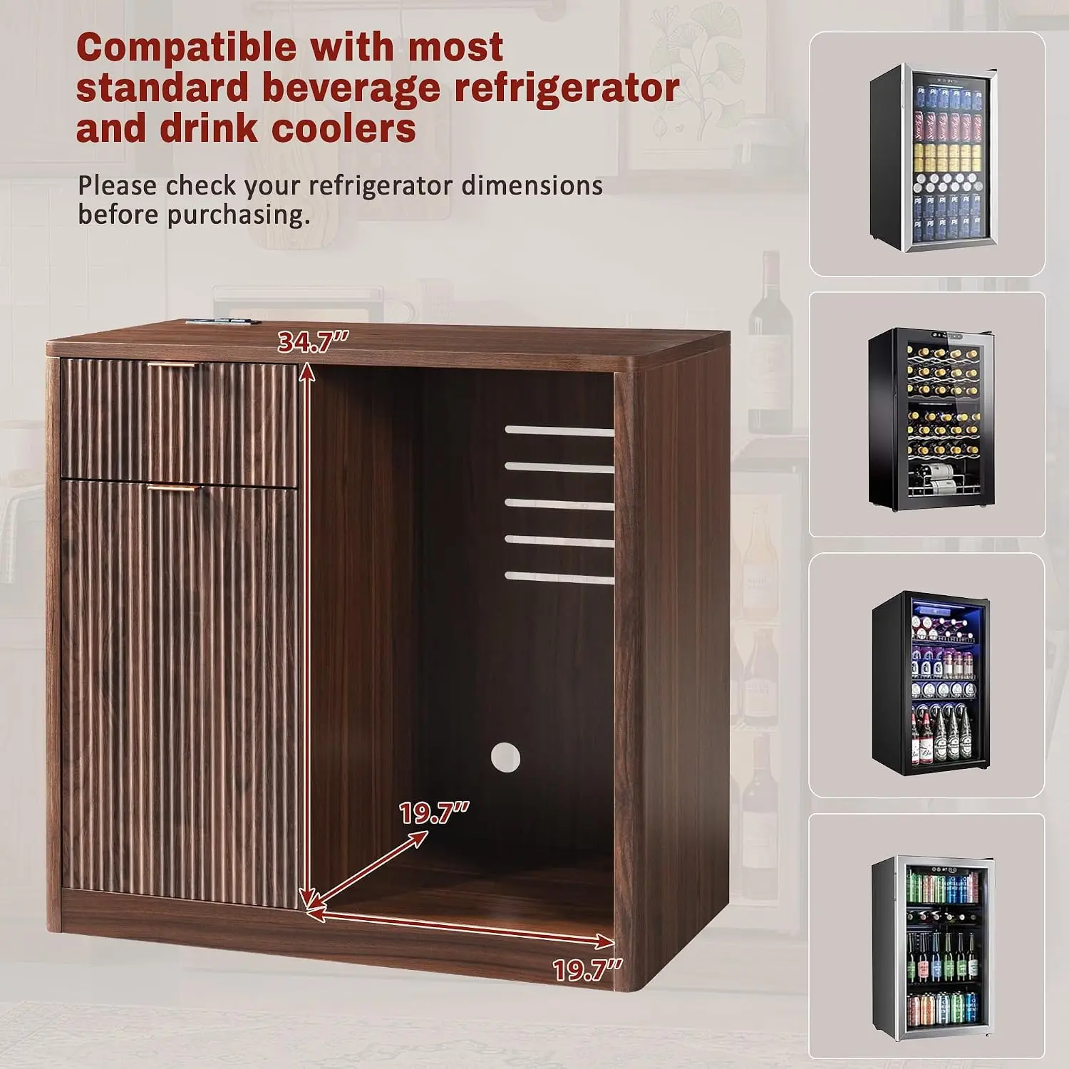 Coffee Bar Cabinet with Fridge Space, Walnut Wood Storage Kitchen Dining Room Sideboard 39.4