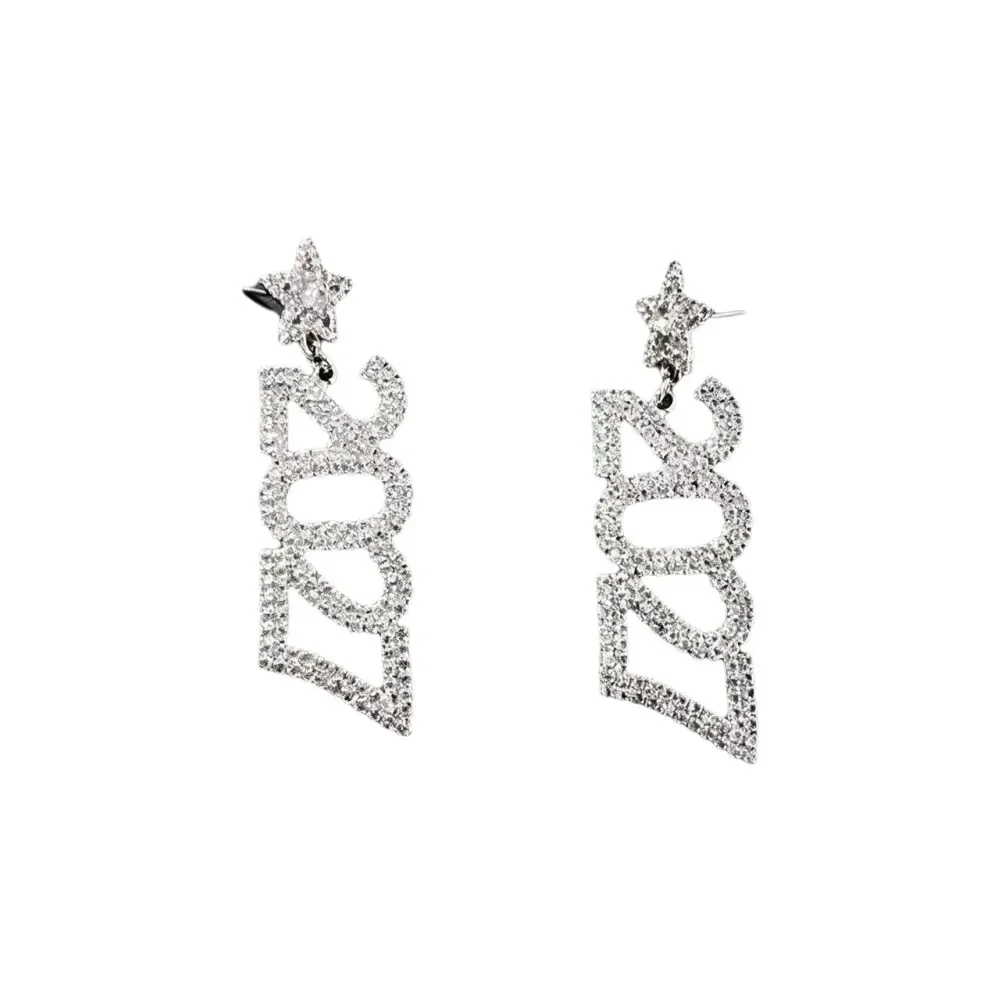 Luxury Elegant 2027 Digital Earrings Fashion Long Drop New Year Earrings Rhinestone Shiny Long Drop Earring Celebration Holiday