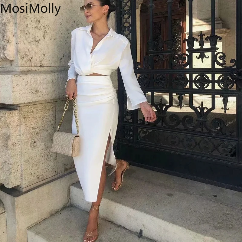 MosiMolly – robe blanche pour femmes, ensemble 2 pièces, fendue, robe de soirée, boîte de nuit, Sexy, élégante, 2021