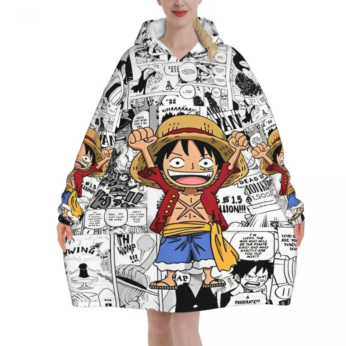 

Oversized Straw Hat Luffy One Piece Wearable Blanket Gifts for Women Men Ultrasoft Plush Warm Sweatshirt Blankets With Pocket