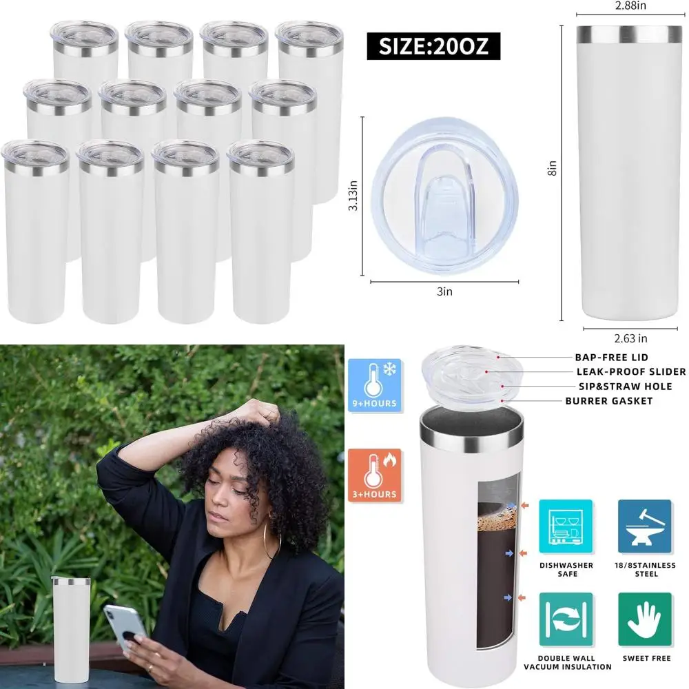 

Bulk Pack of 12 Stainless Steel Insulated Skinny Tumblers with Lids - Reusable Double Wall Travel Mugs in White