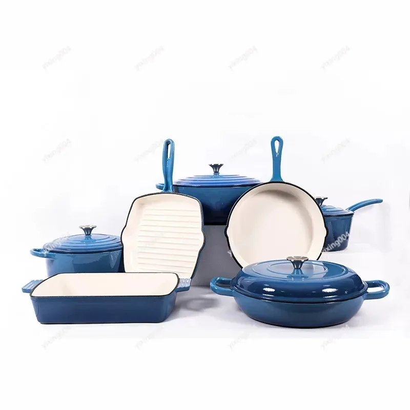 Cast Iron Enamel Cookware Set, Stew Pot Milk Pan Frying Pan Seafood Pan Combo Kit