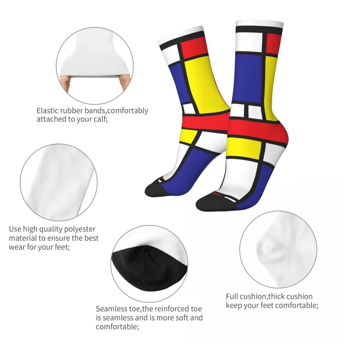 Piet Mondrian Socks Abstract Geometric Art Red Blue Yellow Rectangles Stockings Men Cycling Socks Autumn Anti Bacterial Socks