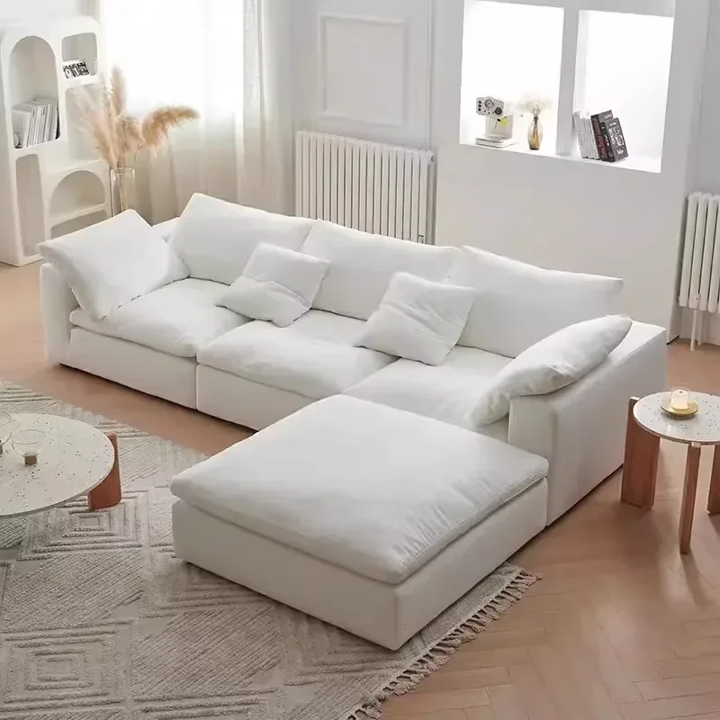 The product can be customized. Minimalist, cream white linen fabric, down cloud sofa combination