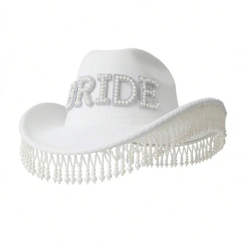 Imitation pearl fringe cowboy hat Sparkle bride wedding hat White role play jazz top hat stage show Mardi Gras lady