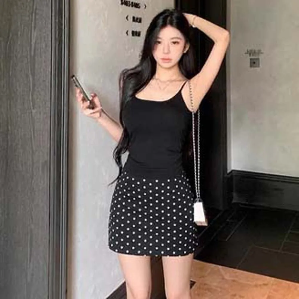 Hohe Taille Polkatdot Kurzer Rock Slim Fit Schwarz/Apricot Dot Half Slips Korean Ins Style Top Collocation Dot A-Linie Kleid