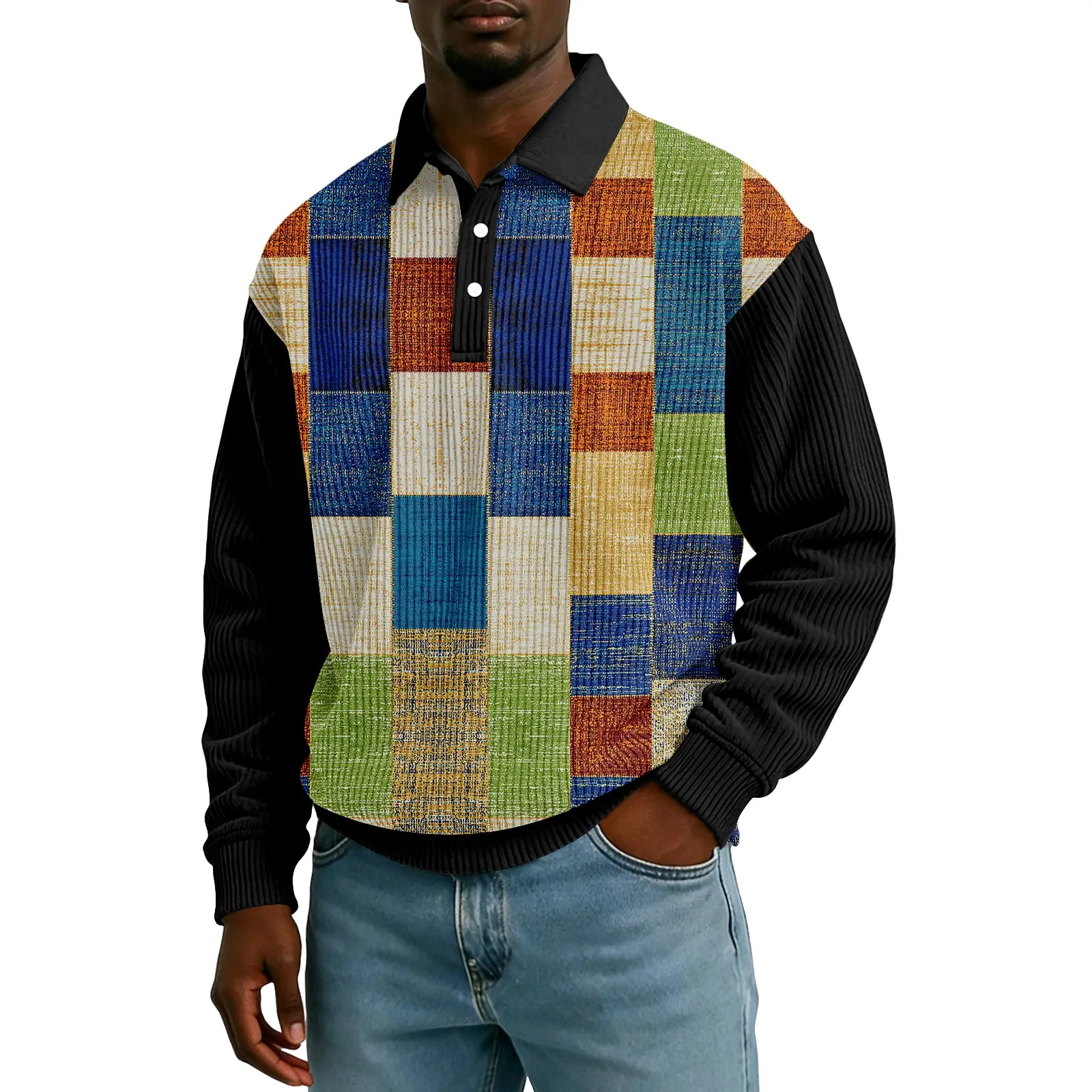 

Color Blocked Button Up Lapel Long Sleeved Shirt Plaid Printed Pattern Shirt Casual Loose Top Spring And Autumn Men'S Shirt